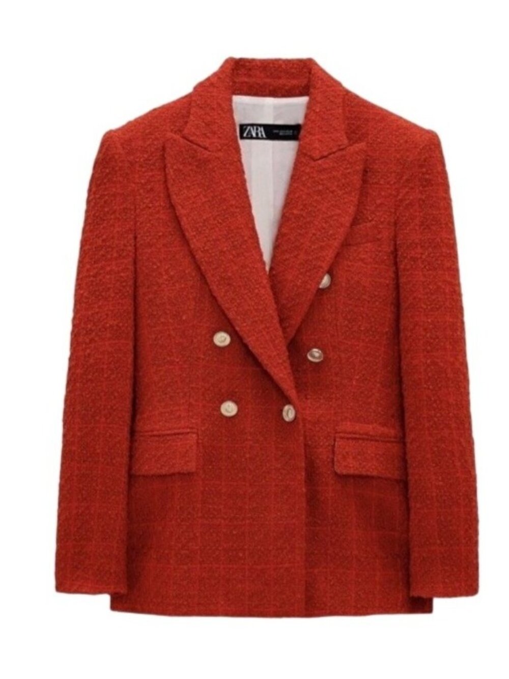 ZARA Red Tweed Boucle Double Breasted Blazer Jacket Womens XS Textured Cotton - Picture 2 of 16
